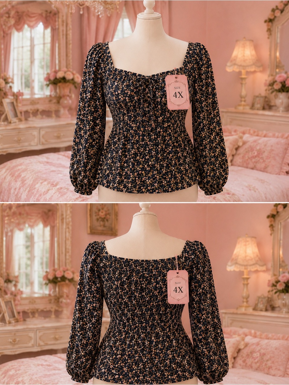 Floral Square-Neck Smocked Peasant Top - Black Floral 4X